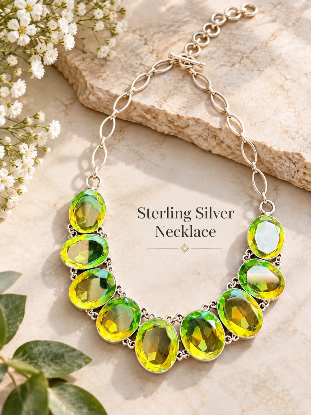 925 Sterling Silver Green Gemstone Statement Necklace